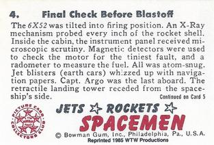1985 WTW 1951 Bowman Jets, Rockets, Spacemen (Reprint) #4 Final Check Before Blastoff Back