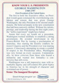 1976 Kilpatrick's Know Your U.S. Presidents #1 George Washington Back