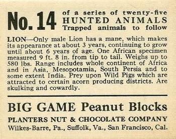 1933 Planters Big Game Hunted Animals (R71) #14 Lion Back