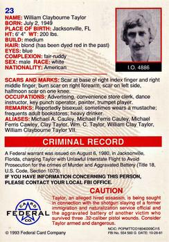 1993 Federal Wanted By FBI #23 William Claybourne Taylor Back