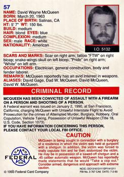 1993 Federal Wanted By FBI #57 David Wayne McQueen Back