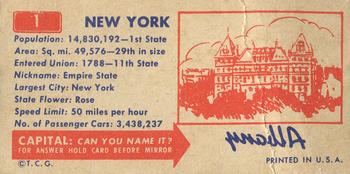 1953 Topps License Plates (R714-13) #1 New York Back