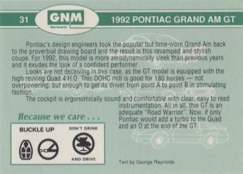 1992 GNM Road Warriors #31 1992 Pontiac Grand Am GT Back