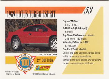 1992 Panini Dream Cars 2nd Edition #53 1989 Lotus Turbo Esprit Back