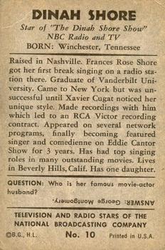 1953 Bowman Television and Radio Stars of the NBC (R701-15) #10 Dinah Shore Back