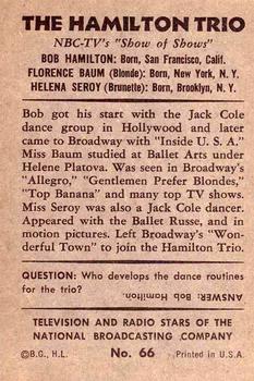 1953 Bowman Television and Radio Stars of the NBC (R701-15) #66 The Hamilton Trio Back