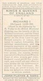 1935 Player's Kings & Queens of England (Small) #6 Richard I Back