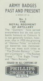 1964 Phillips Choice Tea Army Badges Past and Present #3 The Royal Regiment of Artillery Back
