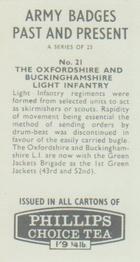 1964 Phillips Choice Tea Army Badges Past and Present #21 The Oxfordshire and Buckinghamshire Light Infantry Back