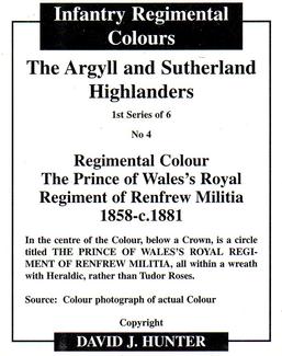 2008 Regimental Colours : The Argyll and Sutherland Highlanders 1st Series #4 Regimental Colour Renfrew Militia 1858-1881 Back