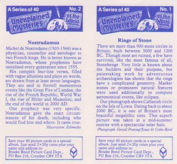 1987 Brooke Bond Unexplained Mysteries of the World (Double Cards) #1-2 Rings of Stone / Nostradamus Back