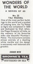 1967 Browne's Tea Wonders of the World #22 Taj Mahal Back
