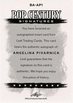 2012 Leaf Pop Century Signatures #BA-AP1 Angelina Pivarnick Back