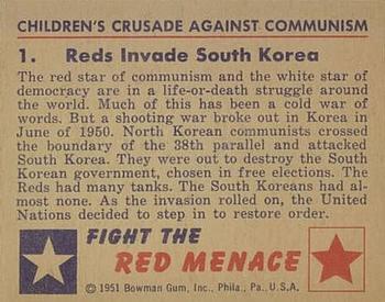 1951 Bowman (Fight the) Red Menace (R701-12) #1 Reds Invade South Korea Back