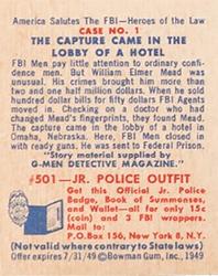1949 Bowman America Salutes the FBI - Heroes of the Law (R701-6) #1 The Capture Game in the Lobby of a Hotel Back