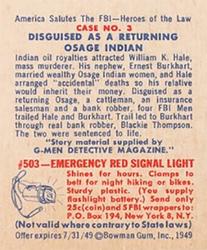 1949 Bowman America Salutes the FBI - Heroes of the Law (R701-6) #3 Disguised as a Returning Osage Indian Back