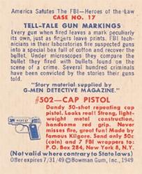 1949 Bowman America Salutes the FBI - Heroes of the Law (R701-6) #17 Tell-Tale Gun Markings Back