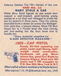 1949 Bowman America Salutes the FBI - Heroes of the Law (R701-6) #22 Mary Stole a Car Back