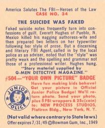 1949 Bowman America Salutes the FBI - Heroes of the Law (R701-6) #34 The Suicide was Faked Back