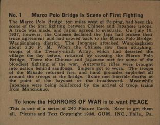 1938 Gum Inc. Horrors of War (R69) #1 Marco Polo Bridge Is Scene of First Fighting Back