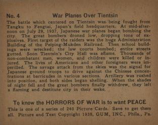 1938 Gum Inc. Horrors of War (R69) #4 War Planes Over Tientsin Back