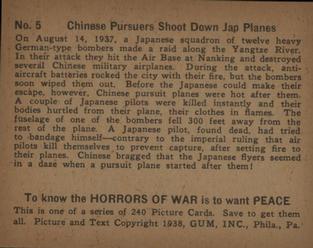 1938 Gum Inc. Horrors of War (R69) #5 Chinese Pursuers Shoot Down Jap Planes Back