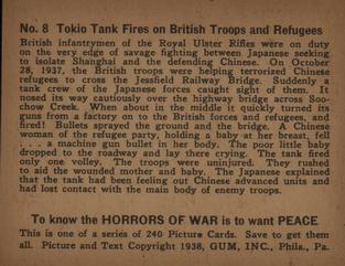1938 Gum Inc. Horrors of War (R69) #8 Tokyo Tank Fires on British Troops and Refugees Back
