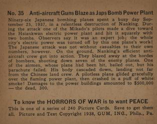1938 Gum Inc. Horrors of War (R69) #35 Anti-aircraft Guns Blaze as Japs Bomb Power Plant Back
