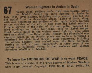 1938 Gum Inc. Horrors of War (R69) #67 Women Fighters in Action in Spain Back