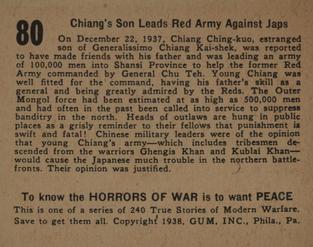 1938 Gum Inc. Horrors of War (R69) #80 Chiang's Son Leads Red Army Against Japs Back