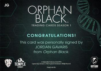2016 Cryptozoic Orphan Black Season 1 - Autographs #JG Jordan Gavaris Back