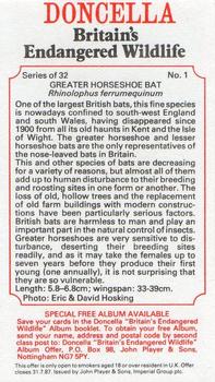 1984 Doncella Britain's Endangered Wildlife #1 Greater Horseshoe Bat Back