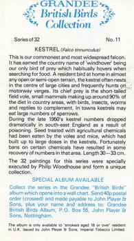 1980 Grandee British Birds Collection #11 Kestrel Back