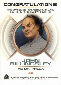 2002 Rittenhouse Star Trek Enterprise Season 1 - Enterprise Autographs #A2 John Billingsley Back
