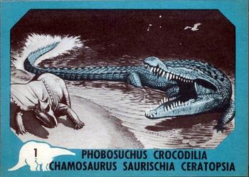 1961 Nu-Cards Dinosaur Series #1 Phobosuchus Crocodilia / Chamosaurus Saurischia Ceratopsia Front