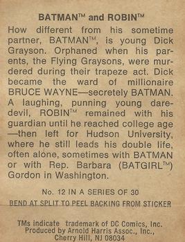 1978 Taystee Bread DC Superheroes Stickers #12 Batman / Robin Back