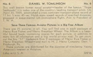 1936 Heinz Famous Aviators 1st Series (F277-4) #6 D.W. Tomlinson Back