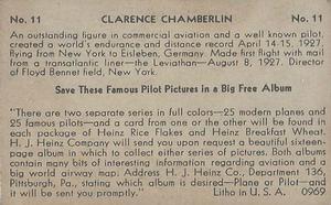 1937-39 Heinz Famous Aviators 2nd Series #11 Clarence Chamberlin Back