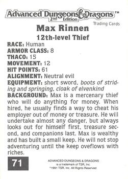 1991 TSR Advanced Dungeons & Dragons #71 Max Rinnen Back