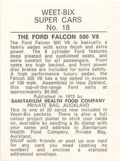 1972 Sanitarium Weet-Bix Super Cars #18 Ford Falcon 500 V8 Back