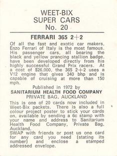 1972 Sanitarium Weet-Bix Super Cars #20 Ferrari 356 2+2 Back
