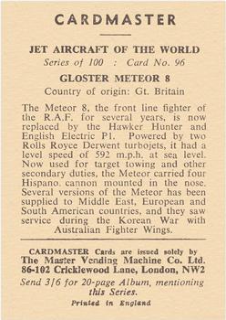 1958 Cardmaster Jet Aircraft of the World #96 Gloster Meteor 8 Back