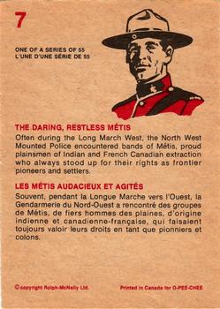 1973 O-Pee-Chee Royal Canadian Mounted Police #7 The Daring, Restless Métis / Les Métis Audacieux et Agietes Back