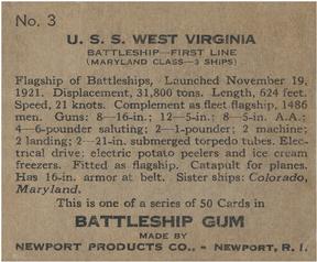 1936 Newport Products Battleship Gum (R20) #3 U.S.S. West Virginia Back