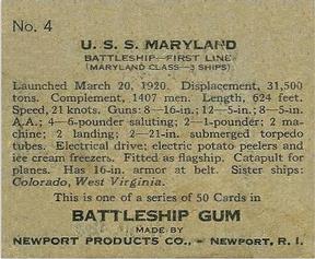 1936 Newport Products Battleship Gum (R20) #4 U.S.S. Maryland Back