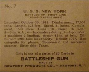 1936 Newport Products Battleship Gum (R20) #7 U.S.S. New York Back