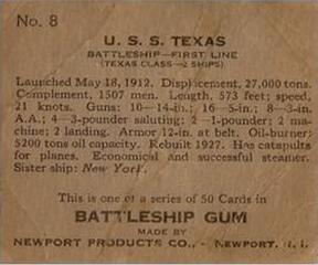 1936 Newport Products Battleship Gum (R20) #8 U.S.S. Texas Back