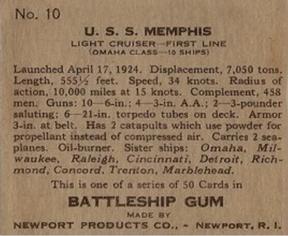 1936 Newport Products Battleship Gum (R20) #10 U.S.S. Memphis Back
