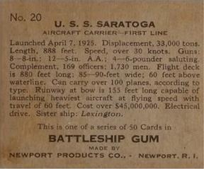 1936 Newport Products Battleship Gum (R20) #20 U.S.S. Saratoga Back