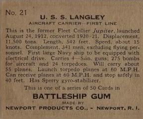 1936 Newport Products Battleship Gum (R20) #21 U.S.S. Langley Back